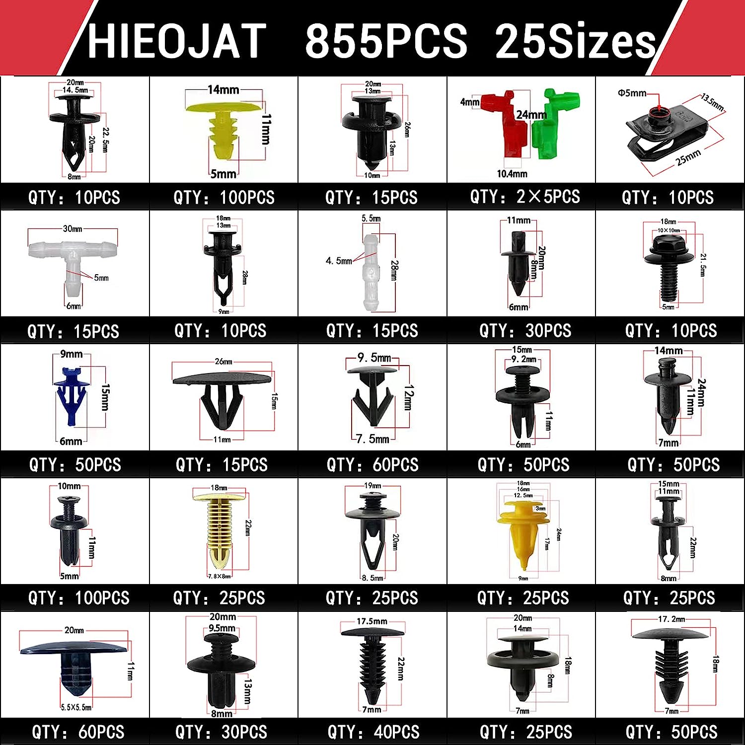 HIEOJAT 910Pcs Car Retainer Bumper Clips and Fastener Remover Kit 25 Sizes Auto Push Pin Rivets Door Trim Panel Clips for GM Ford Toyota Honda Acura Chrysler… - Image 2